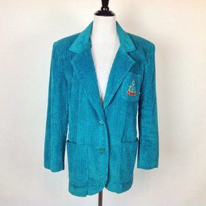 Vintage Bitterman Corduroy Blazer Jacket Embroidered Teal Green Womens Medium